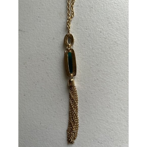 Gold-Tone Green Gemstone Tassel Pendant Necklace & Matching Drop Earrings Set - Picture 7 of 8